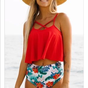 New! Cross Front Flower High Waisted Tankini